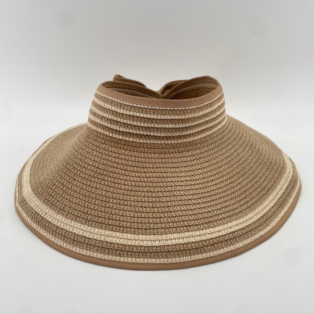 Magid Hats Roll Up Visor Women OS Tan Striped Bow Packable Straw Sun Hat Beach
